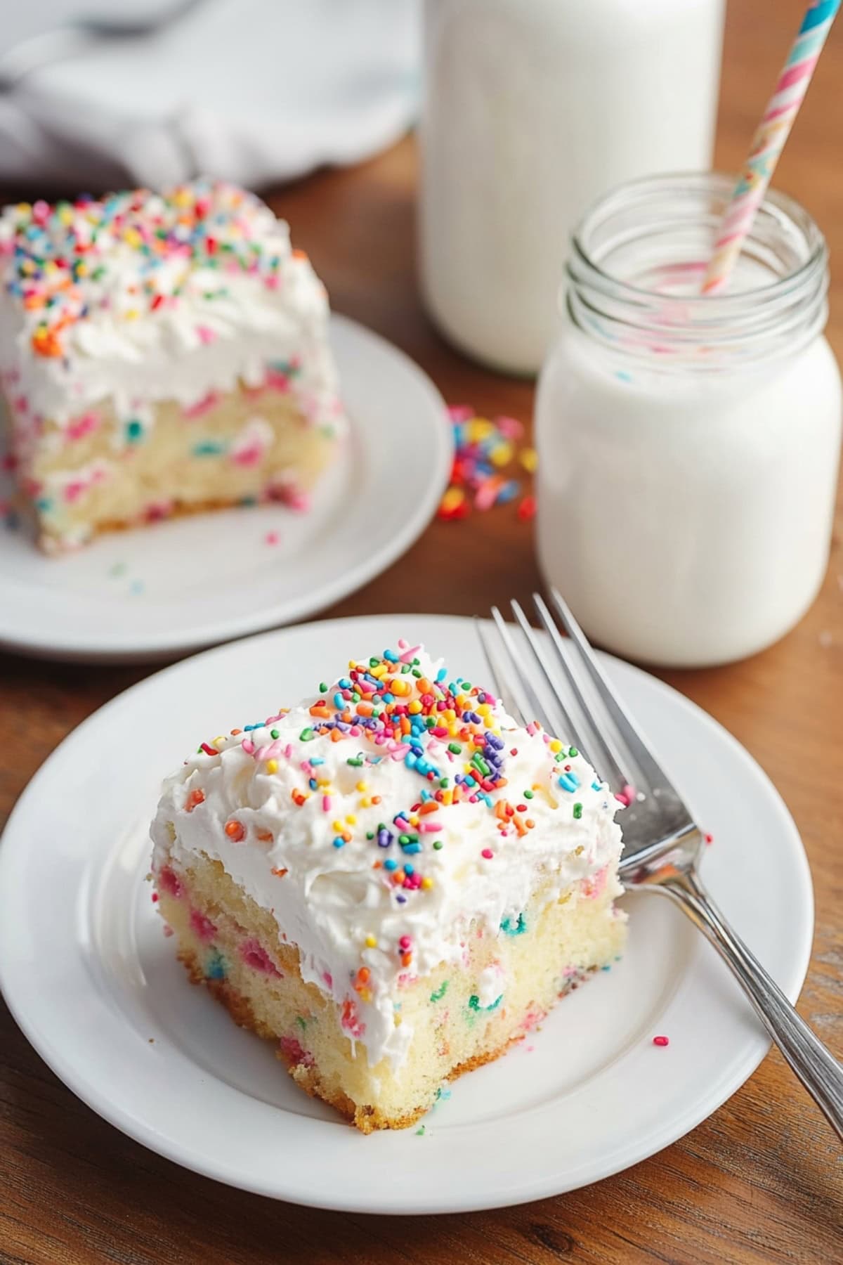 Two plates of funfetti poke cake with glasses of milk.