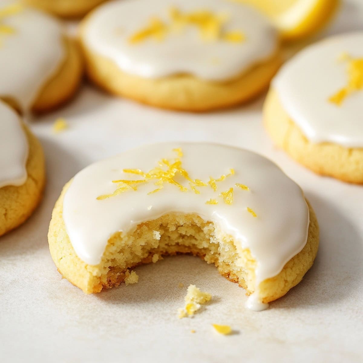 A glazed lemon cookie with a bite removed on a table. 