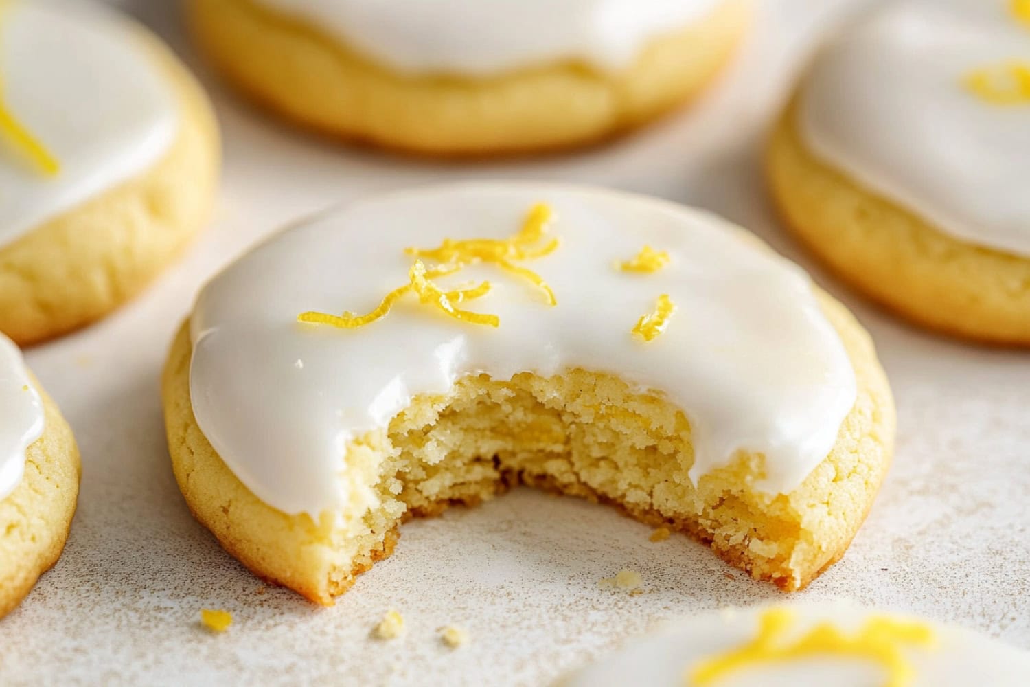 Citrus baked homemade glazed lemon cookies on a white marble table.