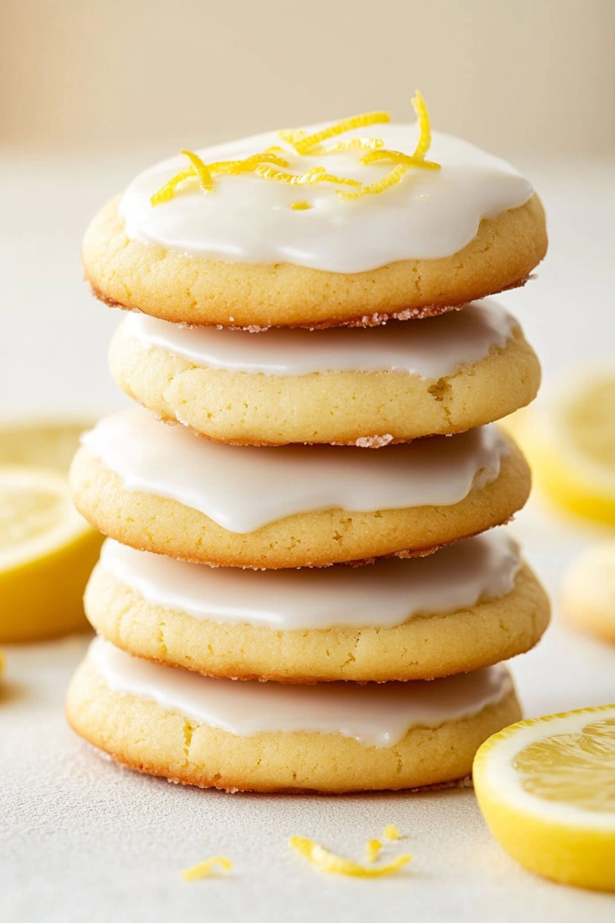 Soft lemon cookies drizzled with a sweet glaze, stacked on a table, side view