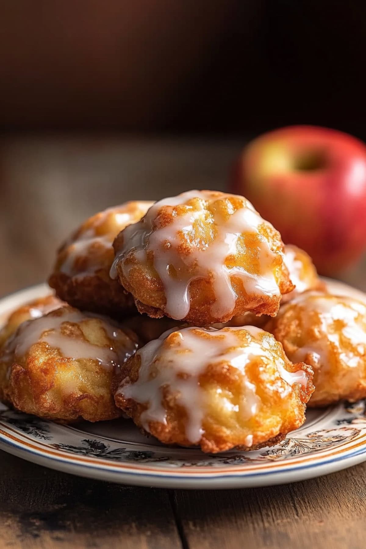 Freshly made apple fritter bites drizzled with glaze on an elegant plate.