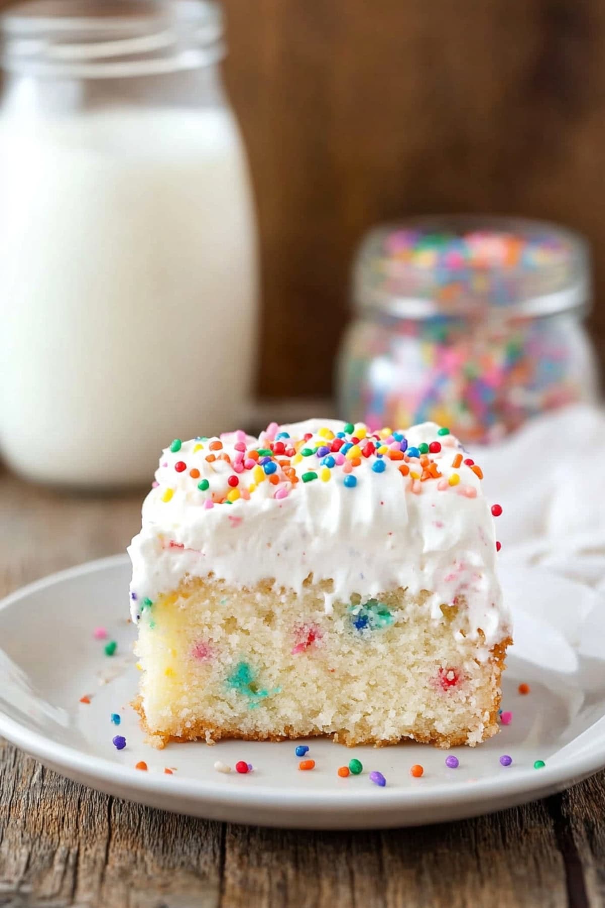 A fun and festive Funfetti poke cake with multicolored sprinkles peeking through the white frosting.