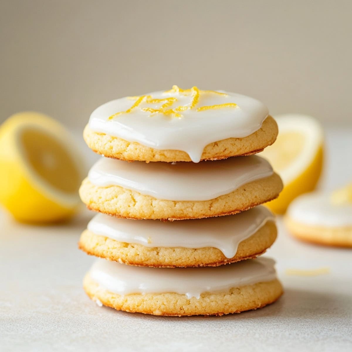 Freshly baked lemon cookies, glazed with a shiny, citrusy icing.