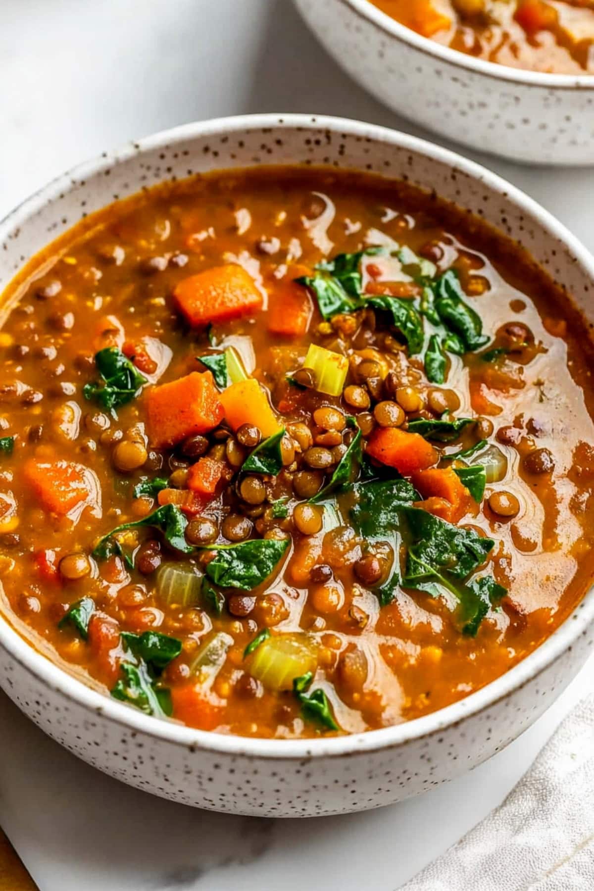 A comforting bowl of lentil soup with spinach and carrots.