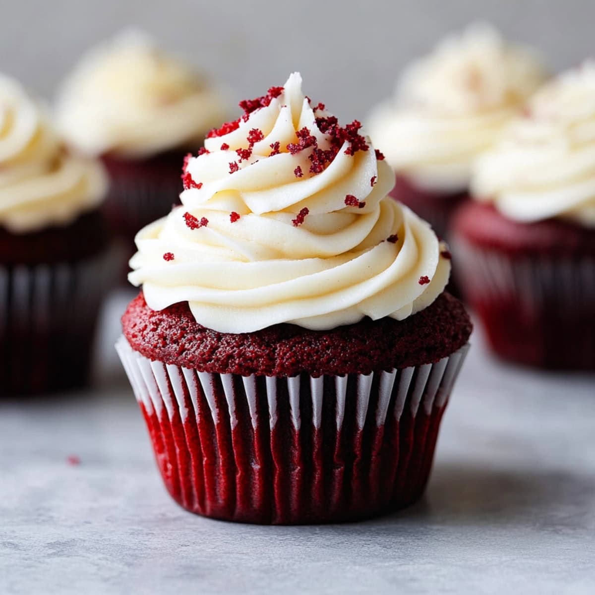 A single red velvet cupcake with a swirl of creamy frosting.