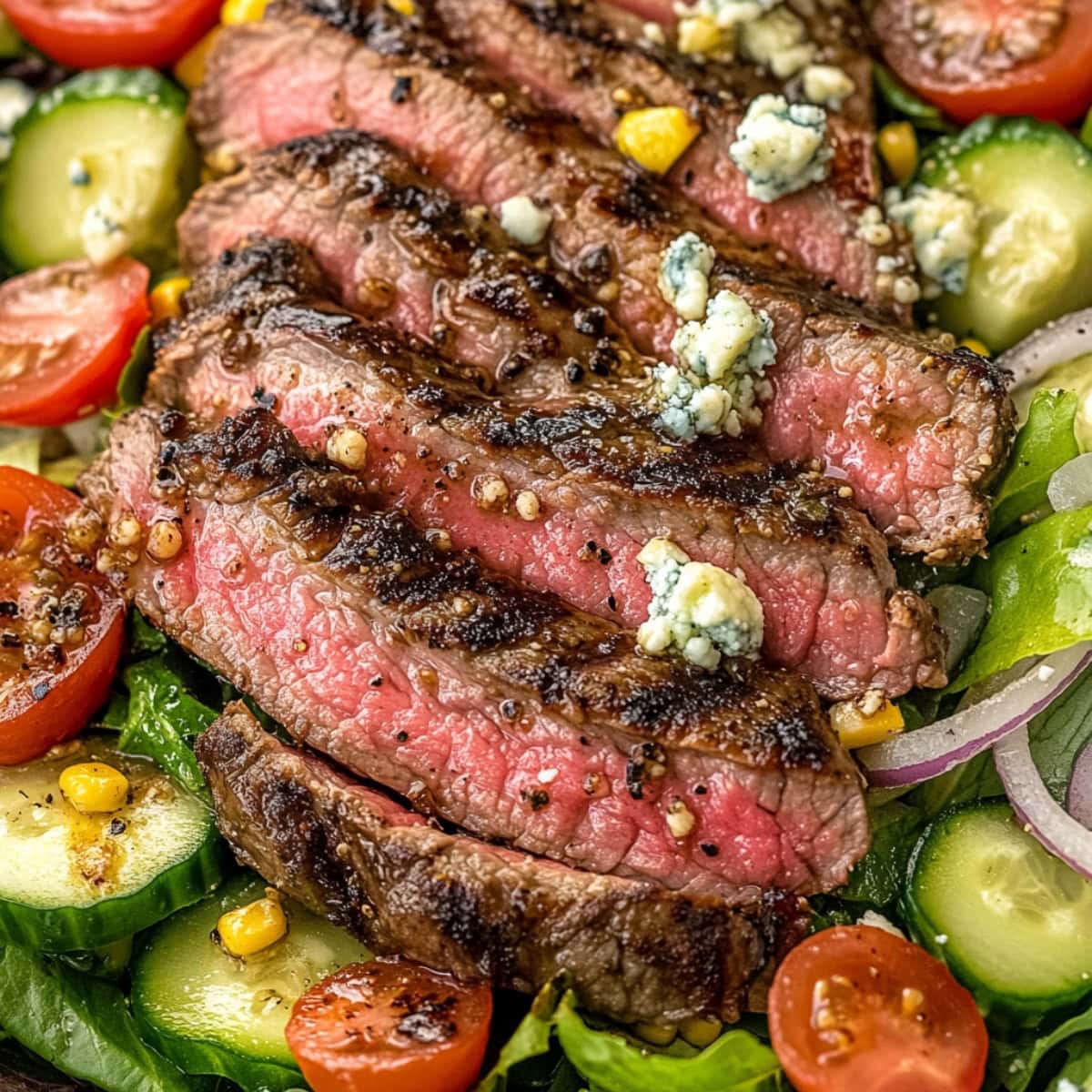 A vibrant steak salad with wtih sliced cucumbers, tomatoes and onions.