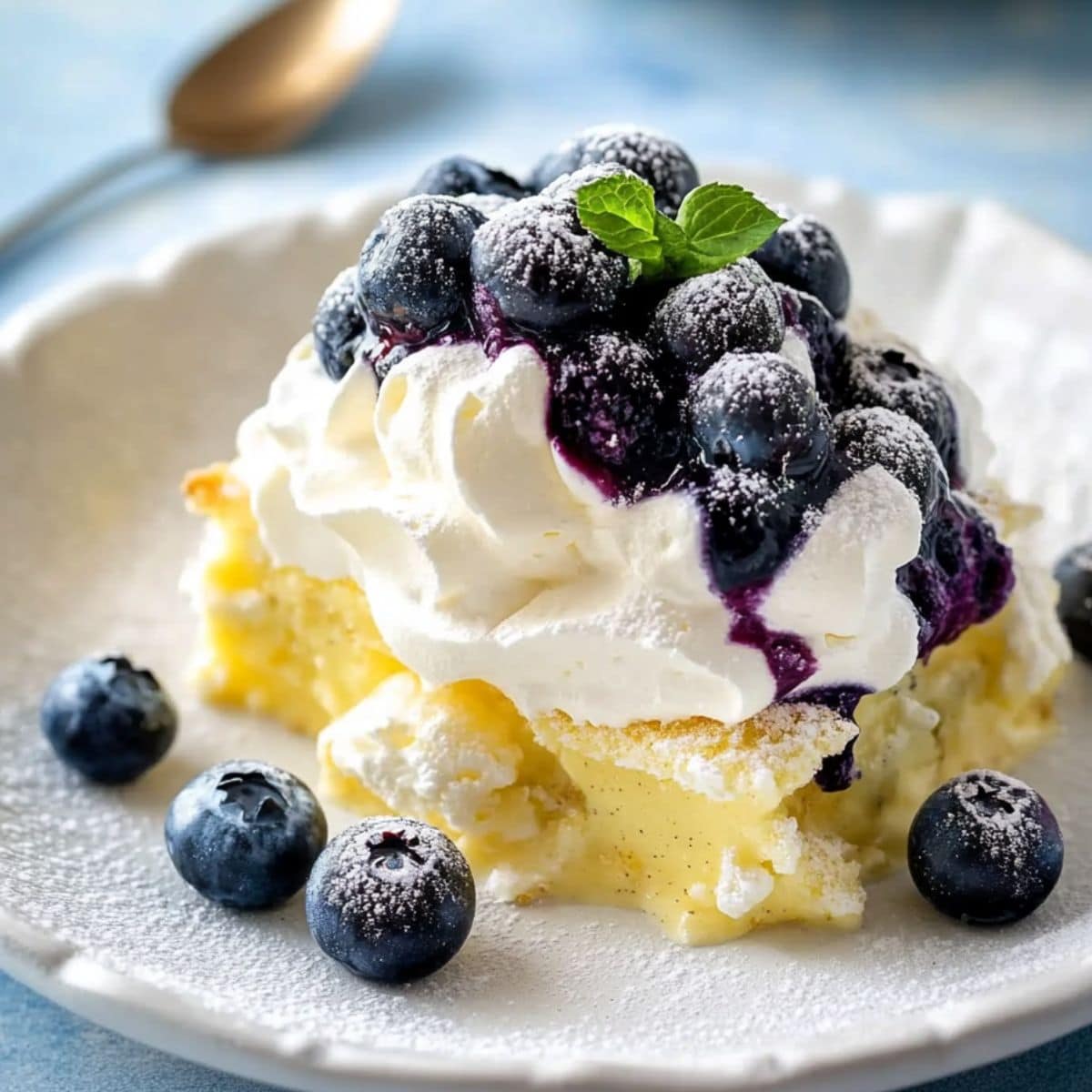 Serving of lemon blueberry trifle served in a white plate. 