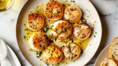 Scallops cooked in lemon garlic butter served in a white plate.