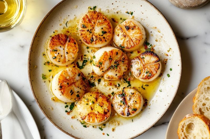 Scallops cooked in lemon garlic butter served in a white plate.