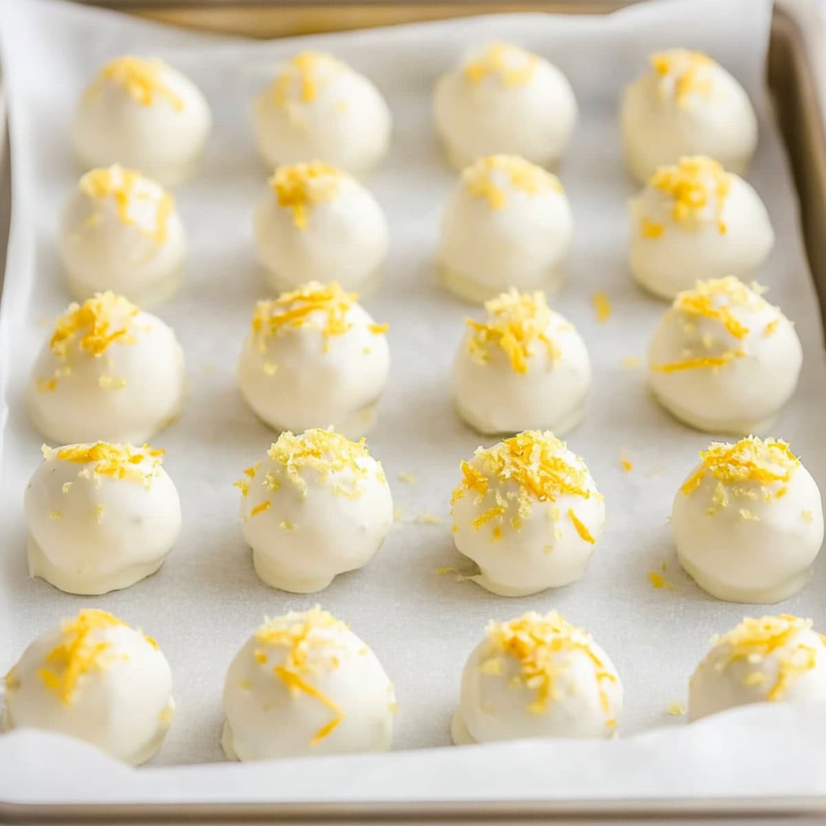 Lemon oreo truffles arranged in a row in a baking pan with parchment paper garnished with lemon zest.