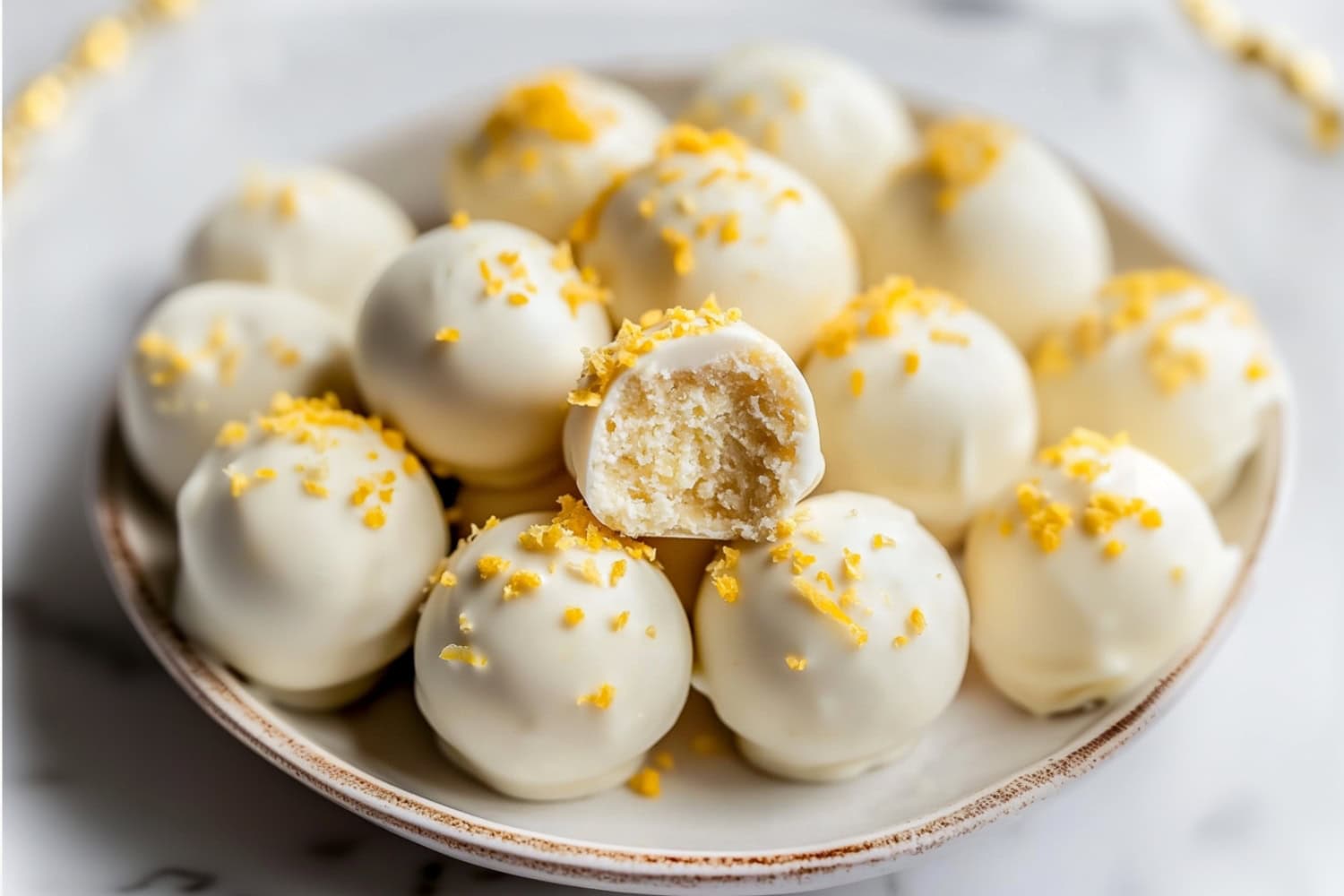 Lemon oreo truffles in a round plate.