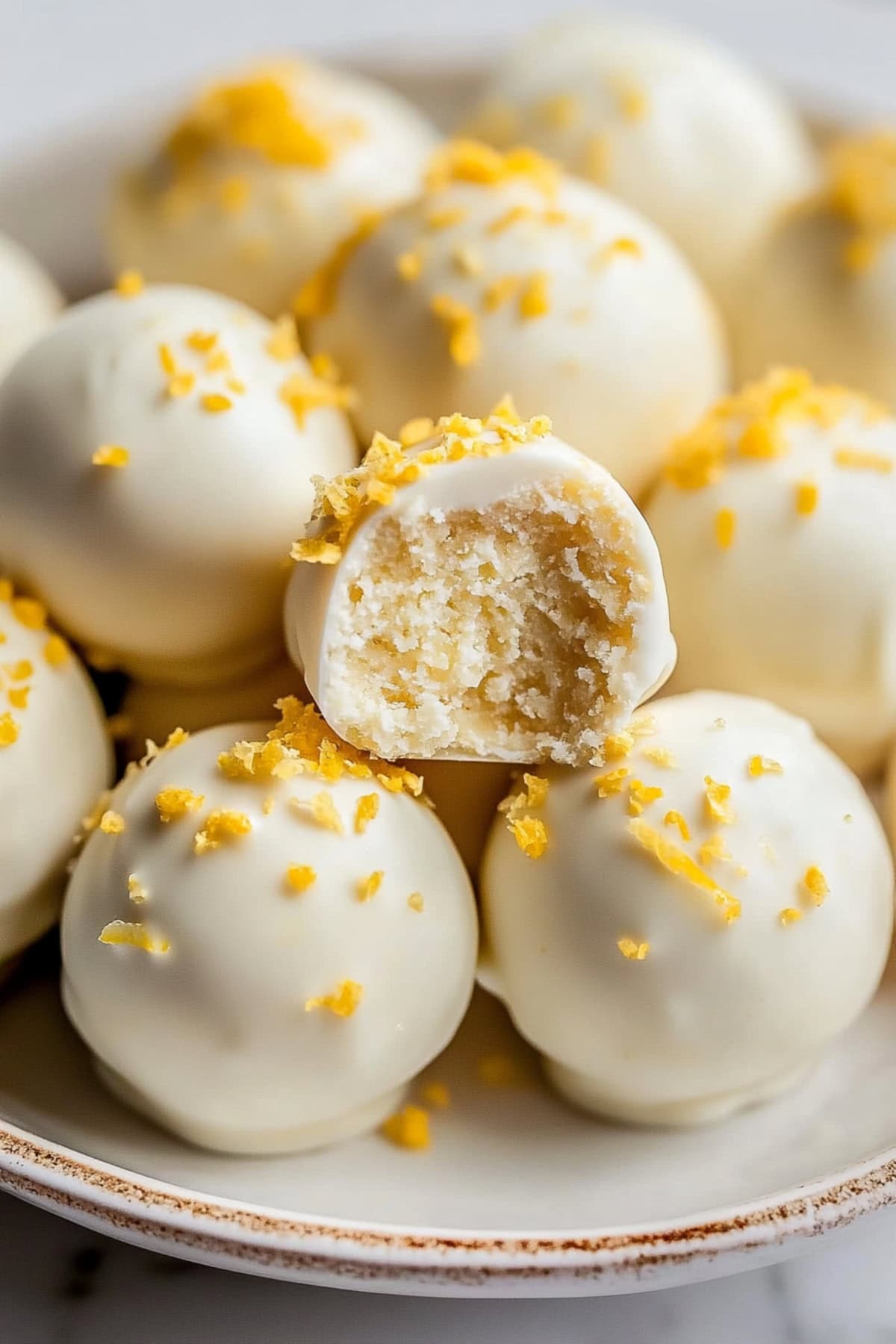 Bunch of lemon oreo truffles garnished with lemon zest arrange in a white plate.