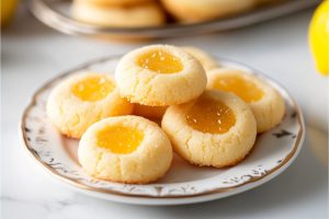 Bunch of thumbprint cookies with lemon curd in the middle served in a rustic plate.