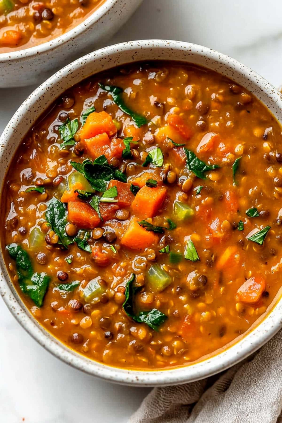 A bowl of lentil soup with carrots, tomatoes and spinach, garnished with chopped parsley.