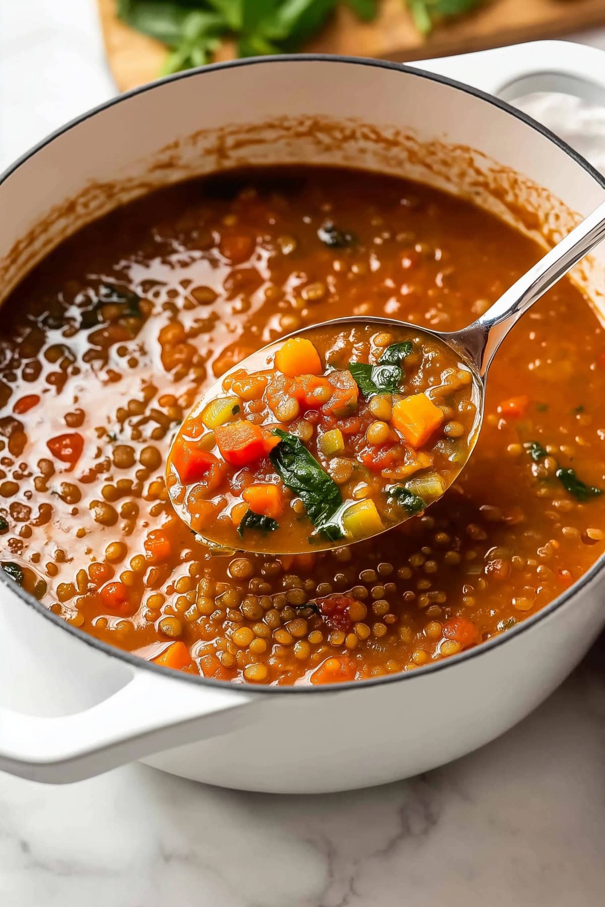 A large pot of lentil soup with carrots, tomatoes and spinach.