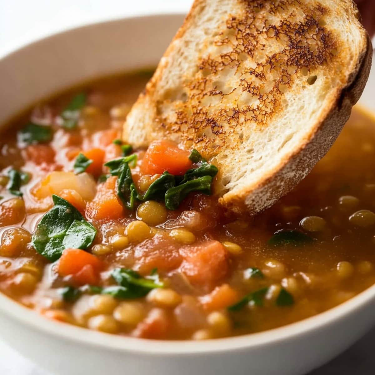 A bowl of homemade lentil soup, served with bread.