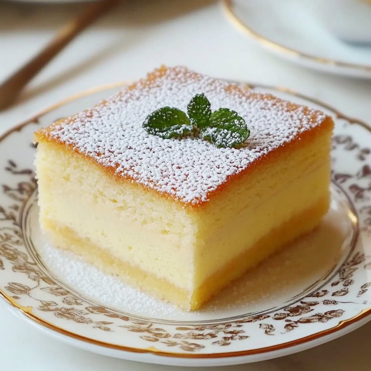 Magic custard cake with powdered sugar and a mint leaf.