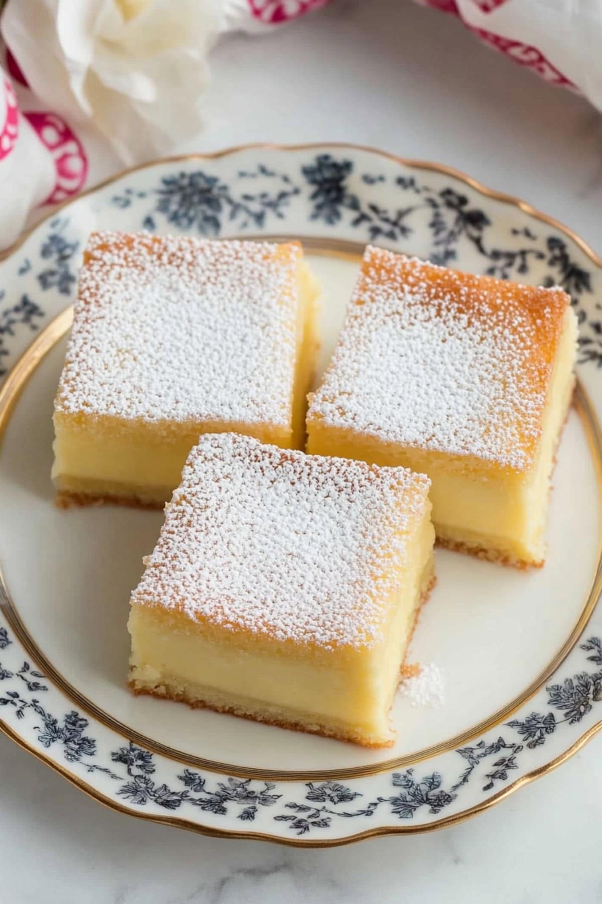 Three slices of magic custard cake on a plate, top view