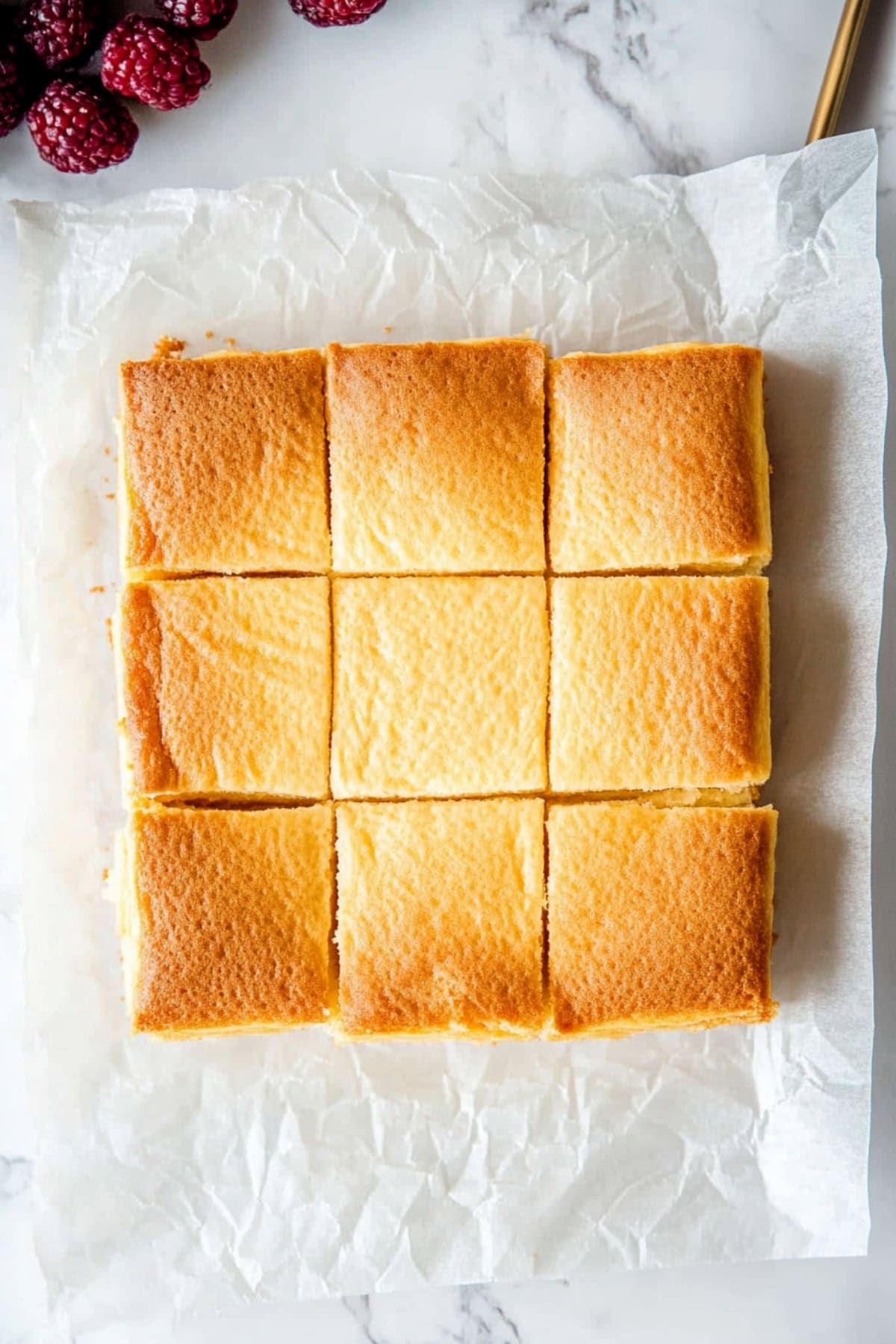 An overhead view of custard cake sliced in squares on a white parchment paper