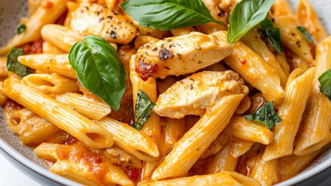 Marry me chicken pasta cooked in a pan garnished with basil leaves served in a white pot.