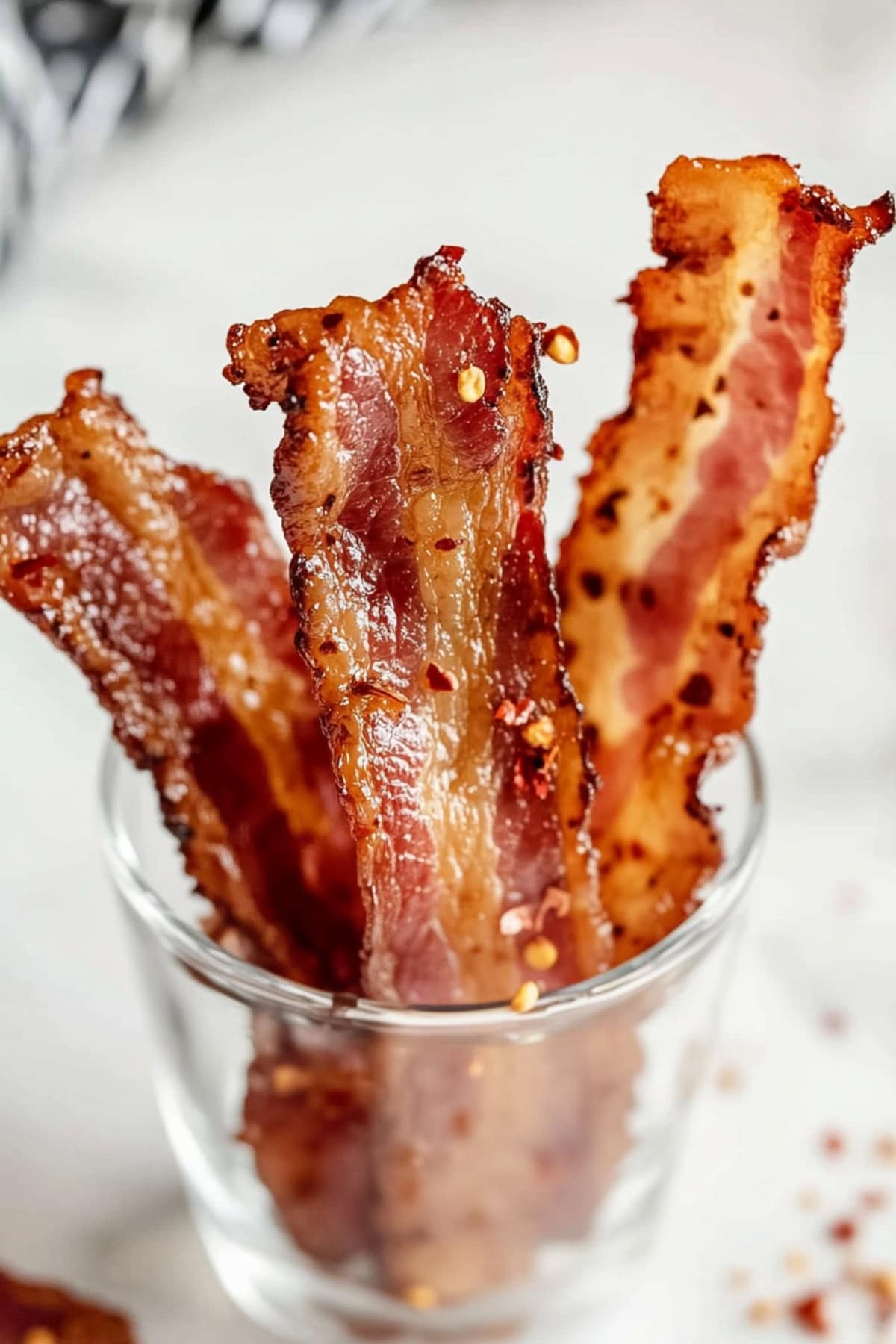 Glazed million dollar bacon strips with pepper flakes inside a glass.