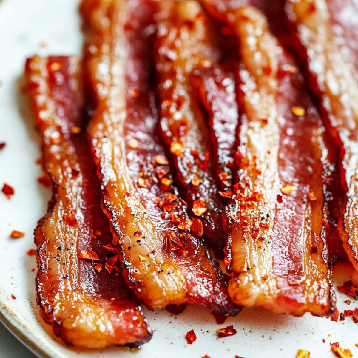 Maple syrup and sugar coated bacon strips served in a white plate.