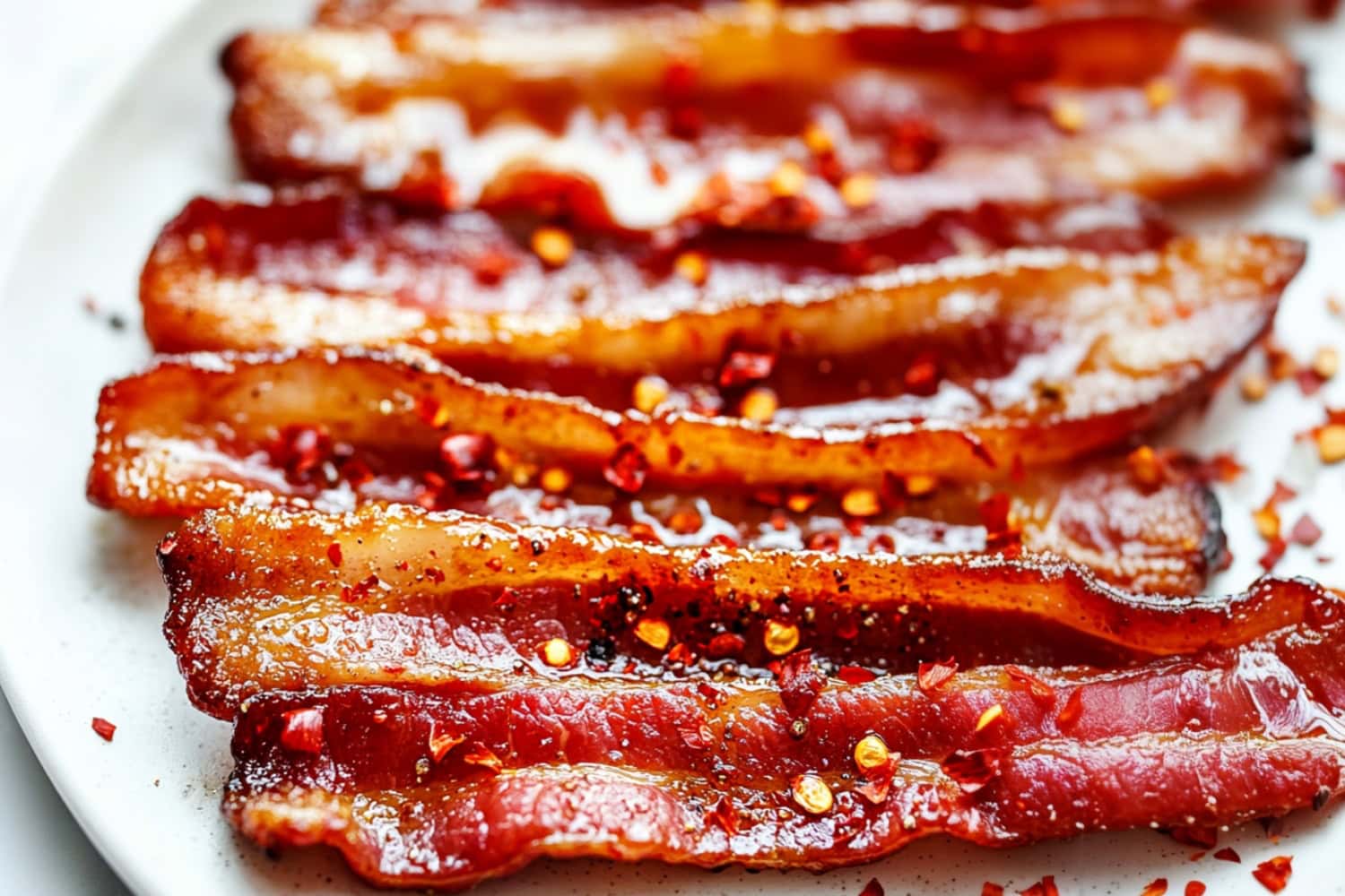 Million dollar bacon with sugar and maple syrup sprinkled with pepper flakes served in a white plate.