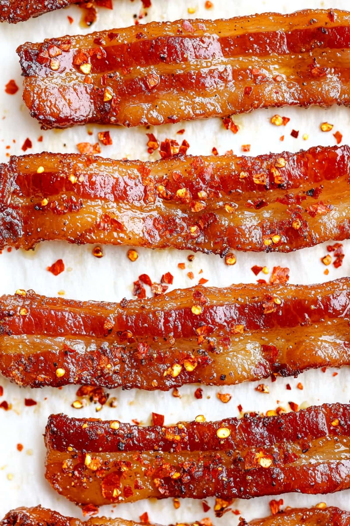 Bacon strips glazed with maple syrup drizzled with pepper flakes arranged in a white plate, top view