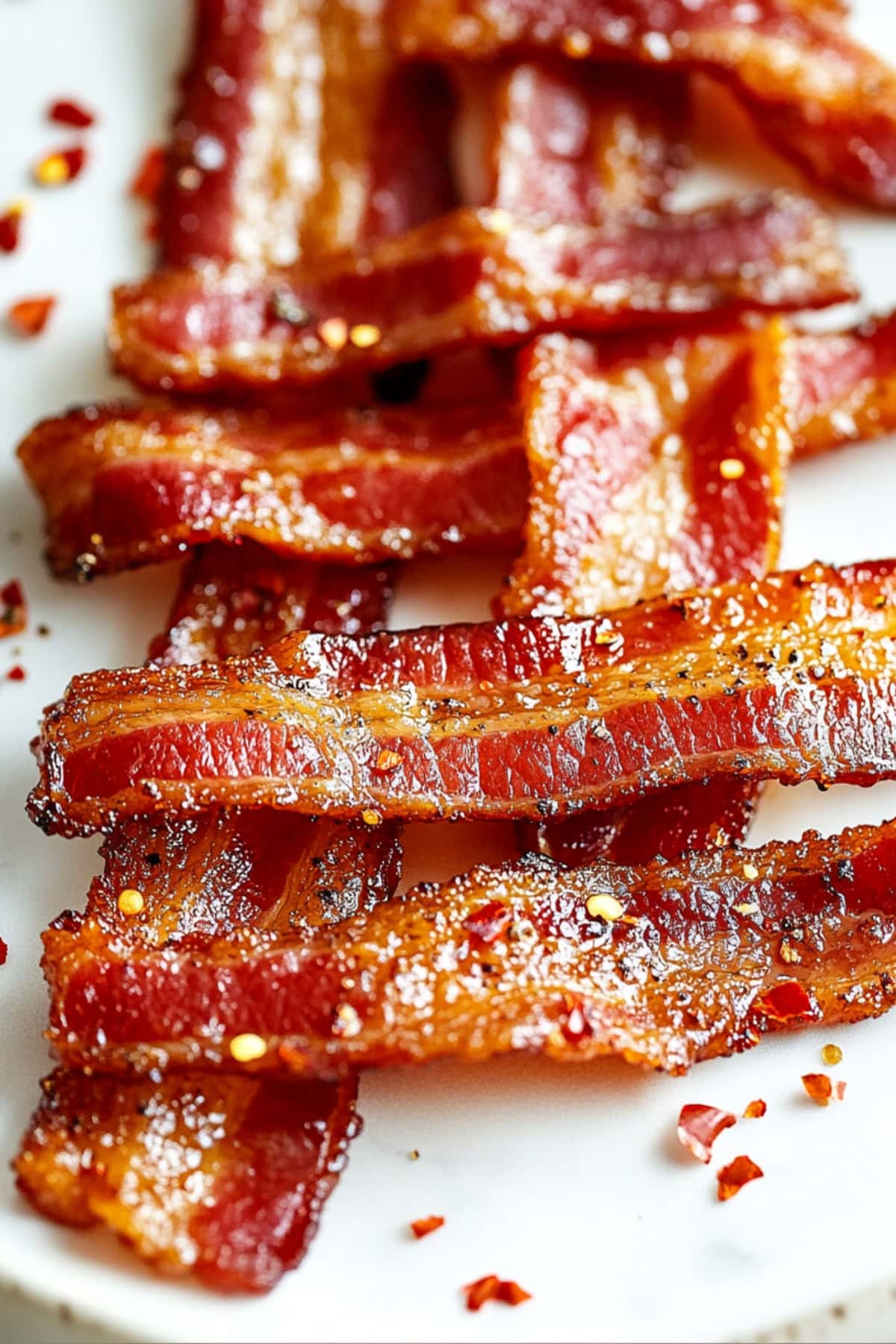 Strips of bacon dusted with pepper flakes served in a white plate.