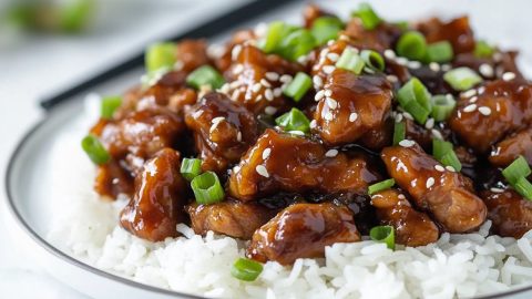 Mongolian pork served with white rice in a white plate garnished with sesame seeds and chopped onions.