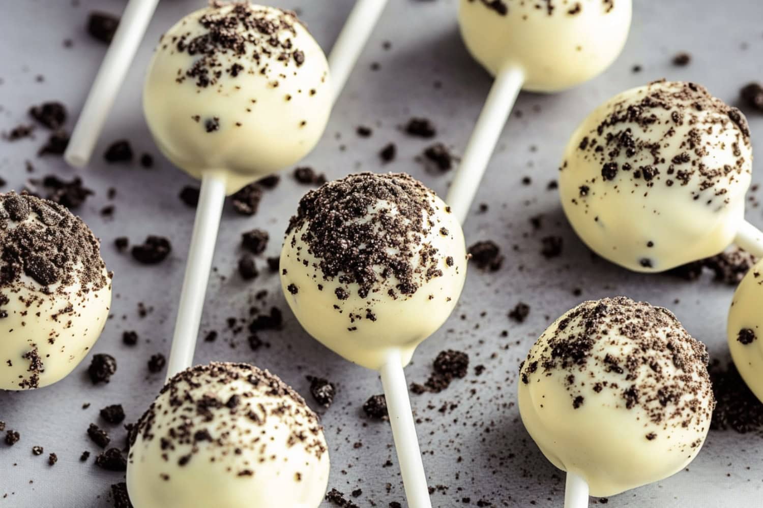 Oreo cake pop on sticks sprinkled with crushed Oreo cookie crumbs lying on a concrete table.