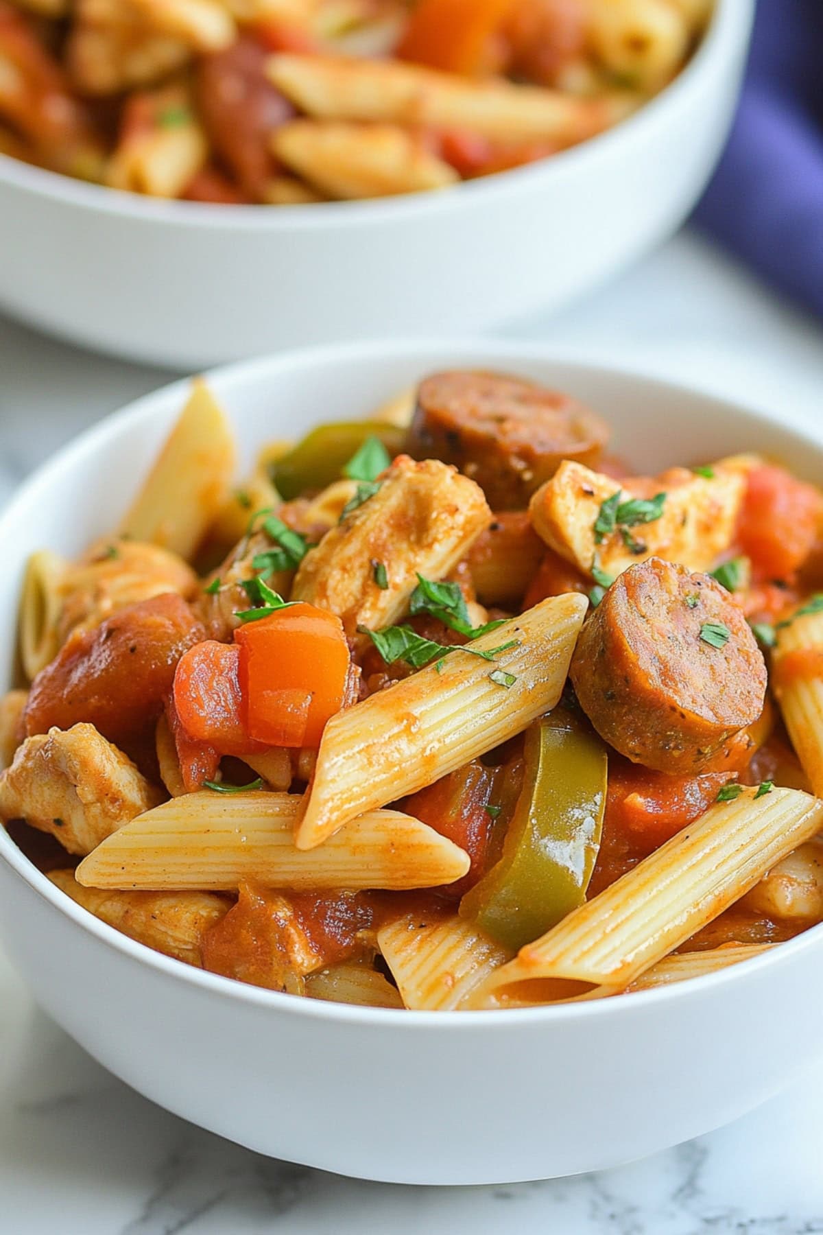 Serving of pastalaya made with sausage, pasta and chicken served in a white bowl.