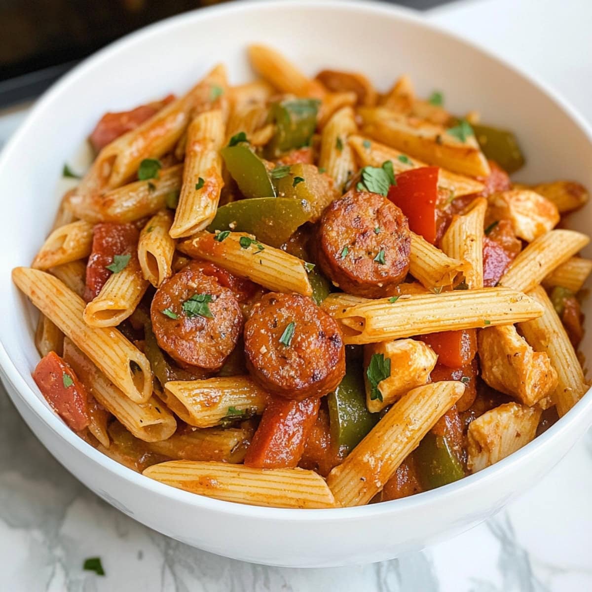 Sausage, pasta, chicken and bell pepper cooked in a tomato based broth served in a white bowl. 