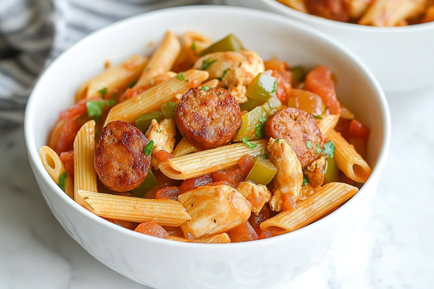 Pasta with chicken, sausage, and bell pepper infused with tomato sauce served on a white bowl.