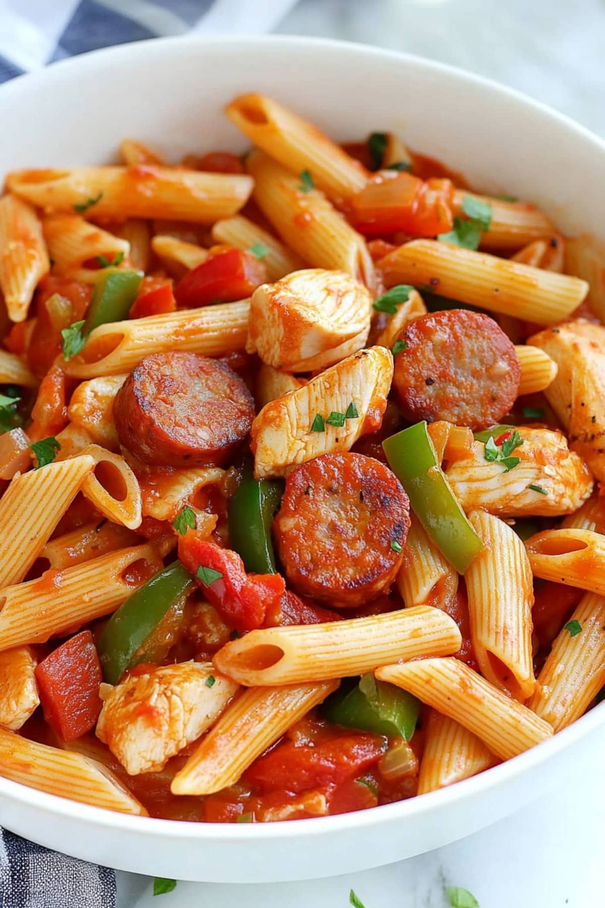 Pastalaya serving in a whtie bowl with sausage, pasta and chicken.