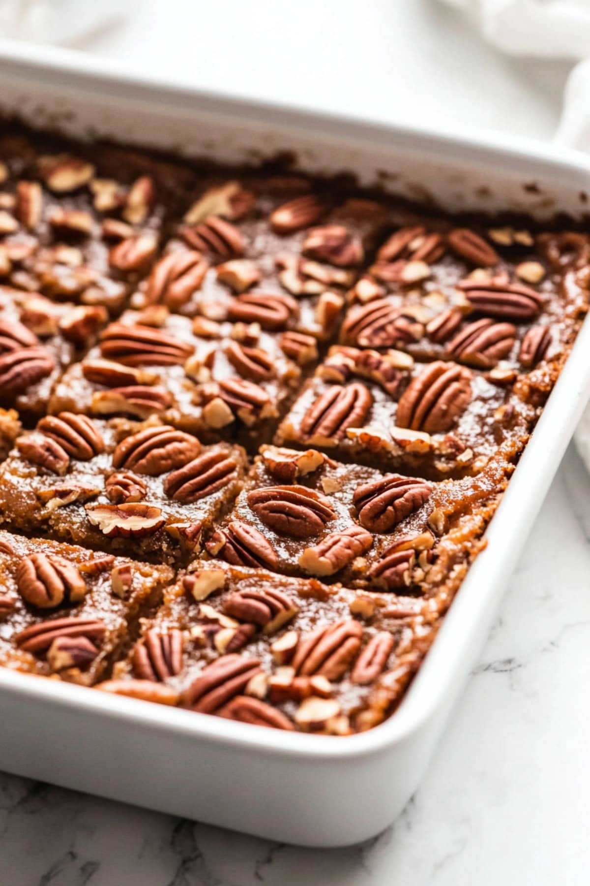 A baking dish of pecan dump cake in a 9x13 baking dish.