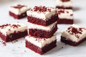 Sliced red velvet bars with cream cheese frosting stacked on a white marble table