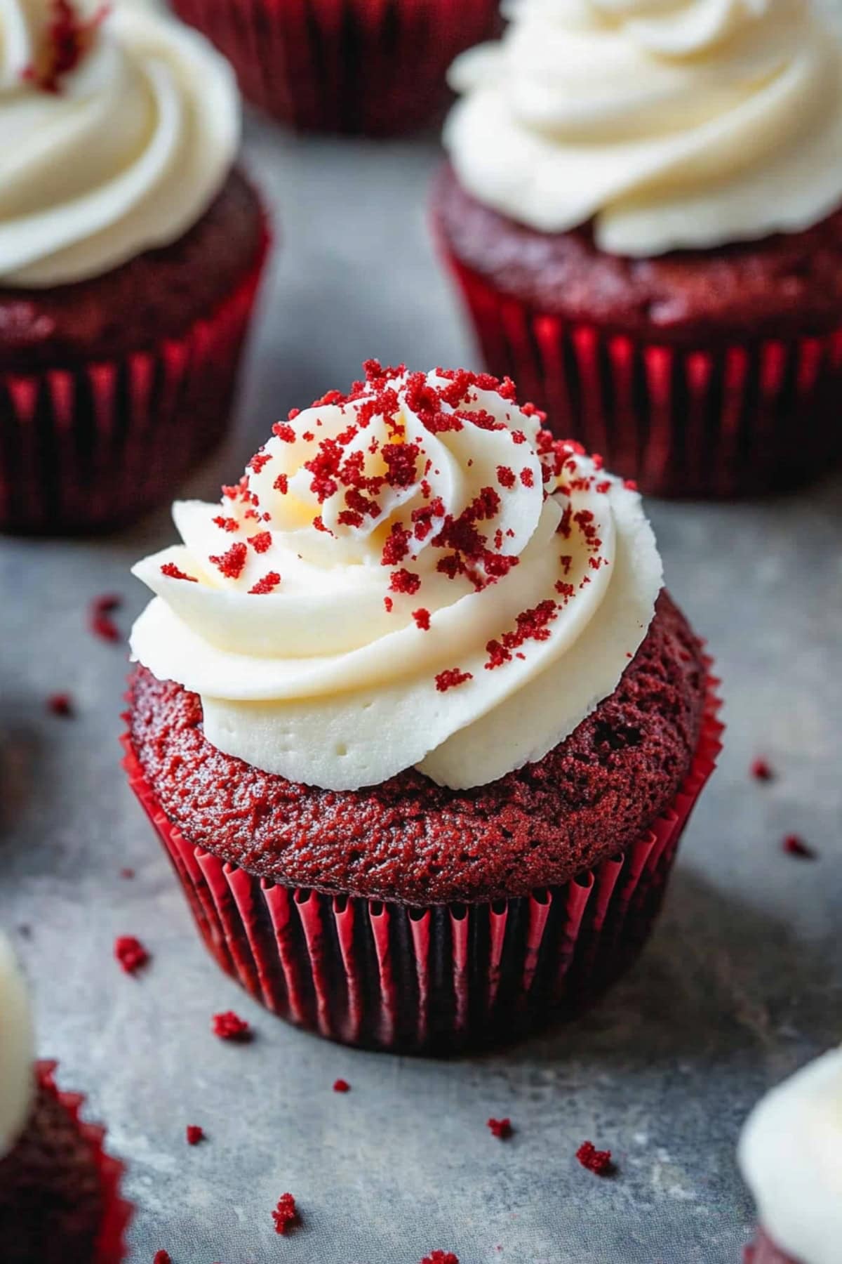 Elegant red velvet cupcake with a glossy swirl of white frosting, garnished with a sprinkle of edible crumble.