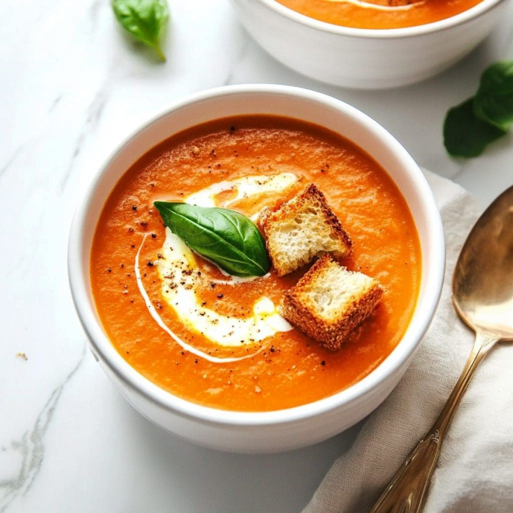 White bowl with a serving of roasted tomato soup with croutons and cream drizzle on top.