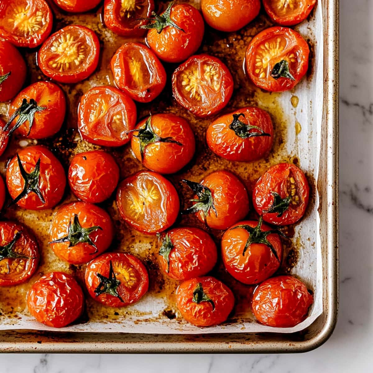 Roasted tomatoes in a sheet pan.