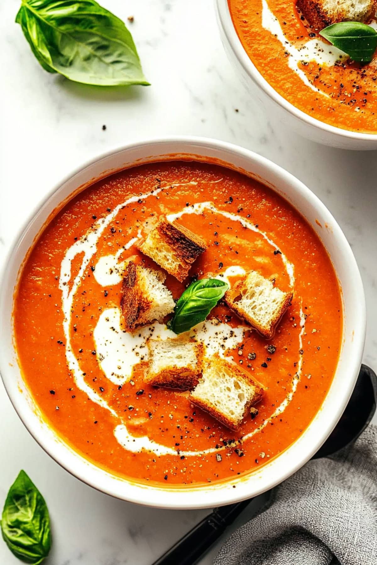 Roasted tomato soup serving in a white bowl with croutons and drizzle of cream on top.