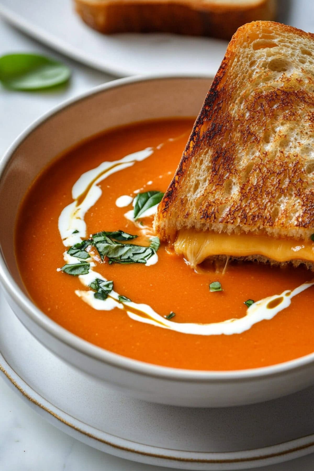 Roasted tomato soup in a white bowl served with toasted bread on the side.