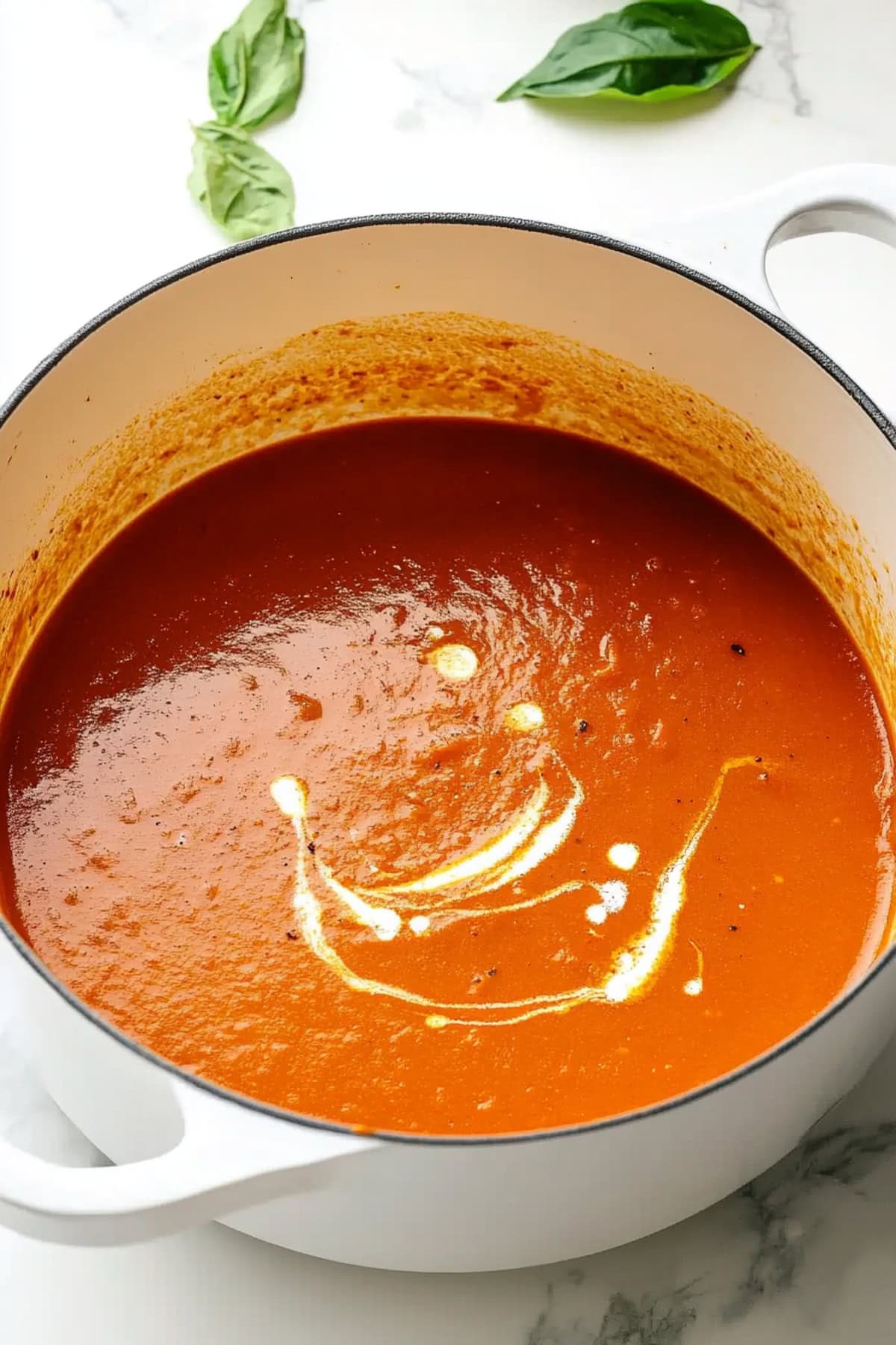 Roasted tomato soup in a white pot.