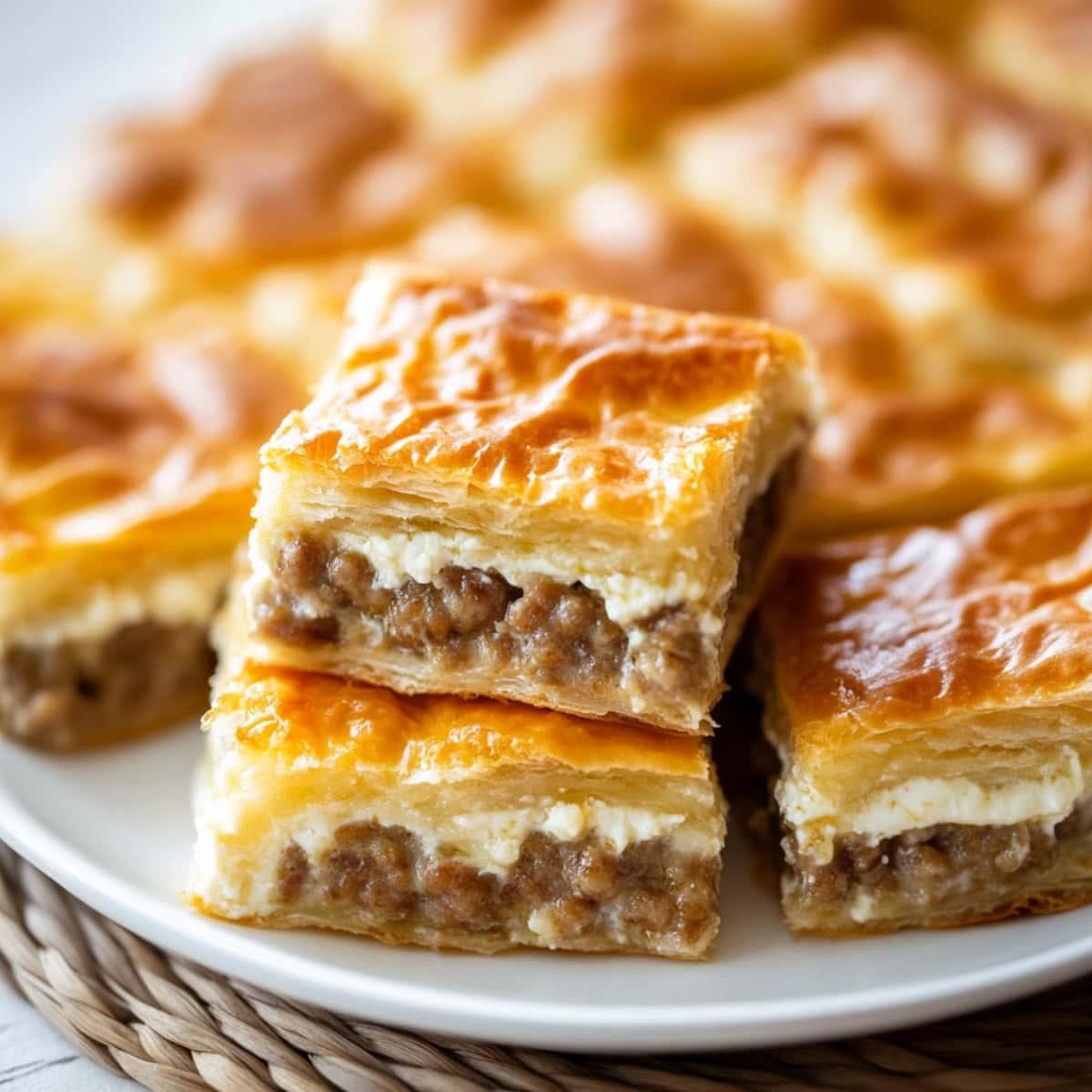 Square slices of cream cheese sausage casserole served in a white plate. 