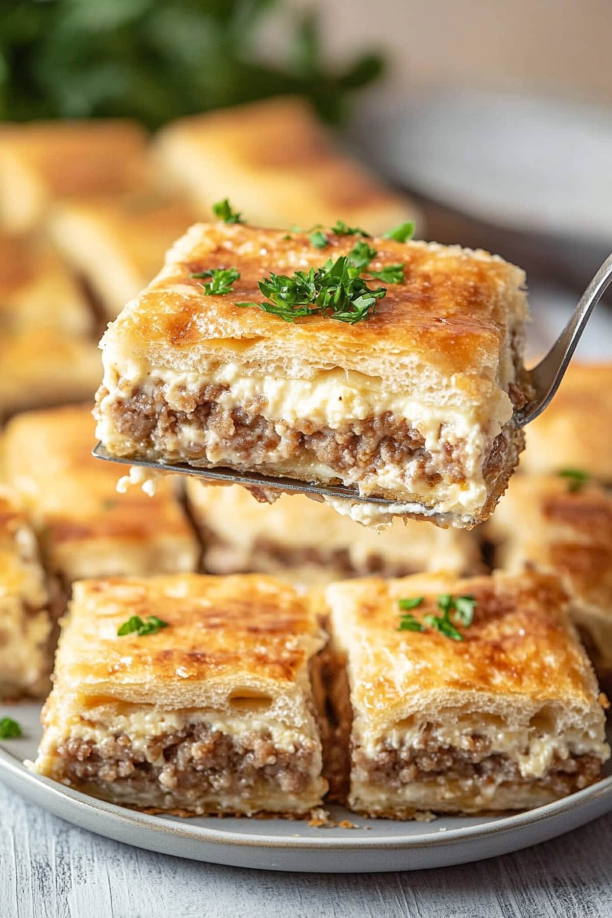 Pie ladle lifting a square slice of sausage cream cheese casserole.