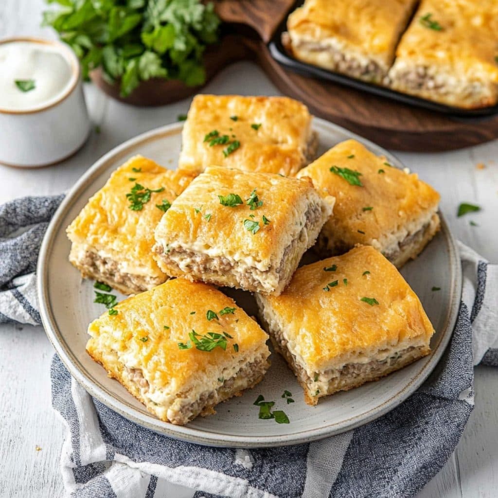 Sausage cream cheese casseroles slices arranged in a rustic plate.