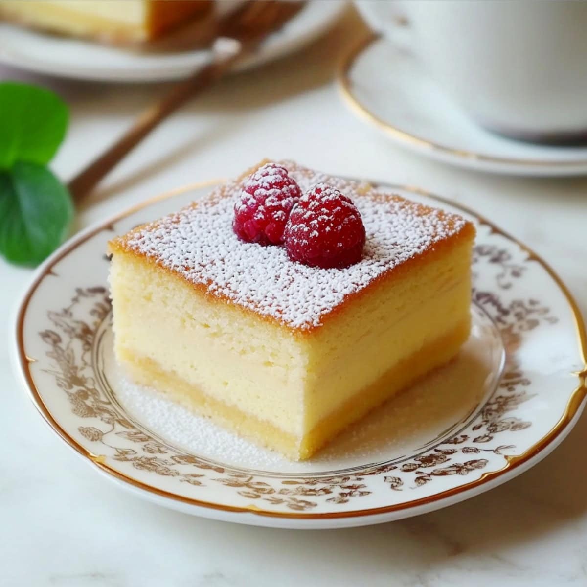 A slice of creamy homemade magic custard cake topped with powdered sugar and fresh raspberries.