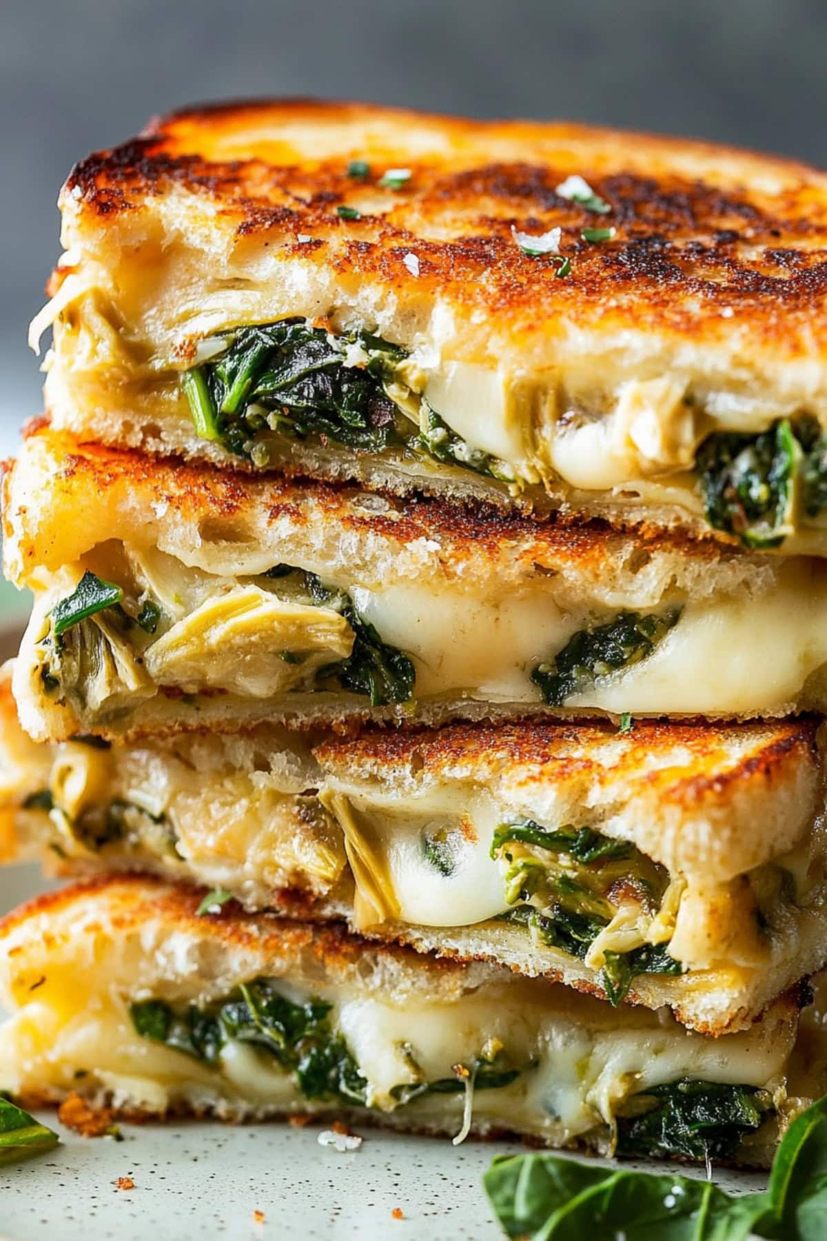 Grilled cheese sandwich sliced in half with spinach and artichoke filling sitting on a white board.