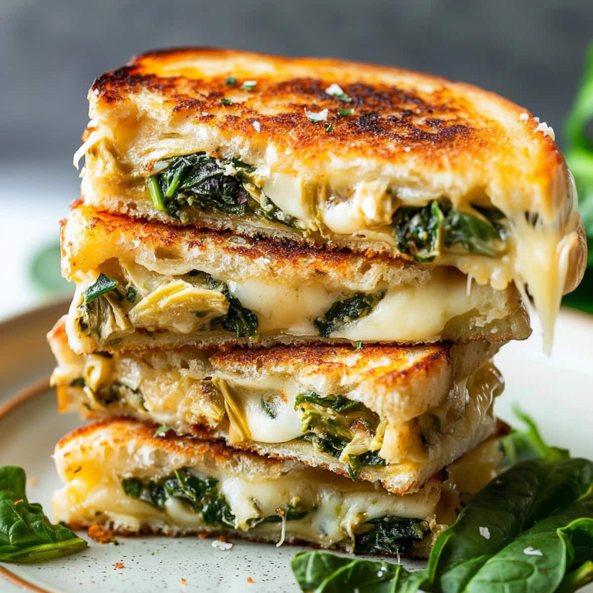 Sliced in half cheesy sandwich with artichoke and spinach filling sitting on a wooden board.