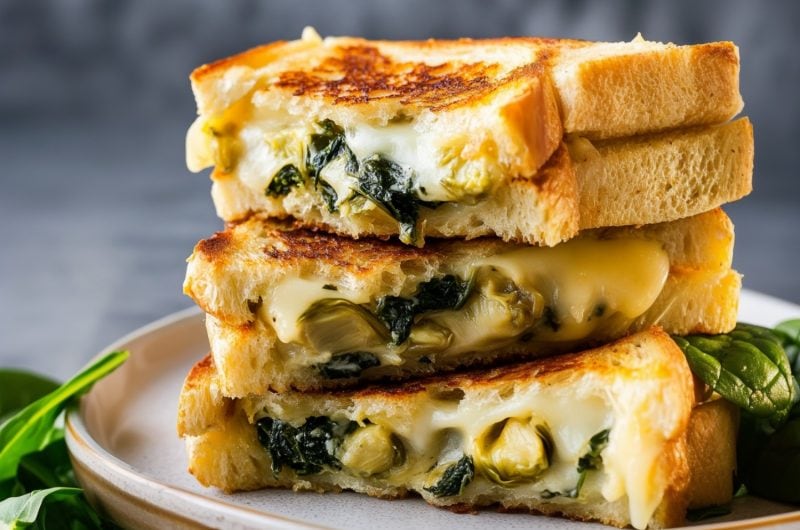 Grilled cheese sandwich sliced in half with spinach and artichoke filling sitting on a white board.